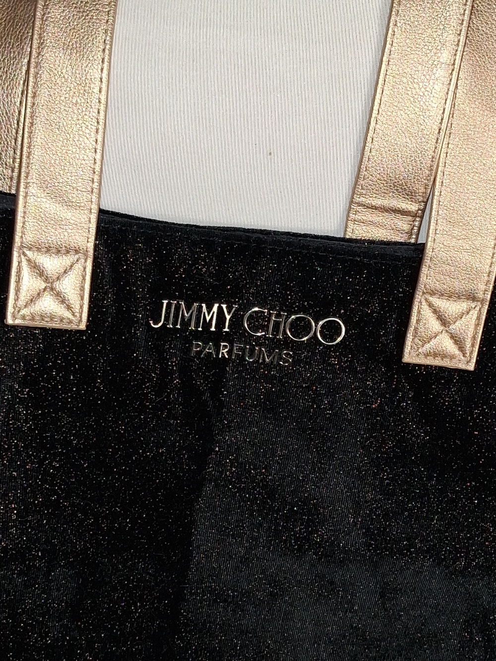 Jimmy Choo Black Glitter Tote with Gold Metallic Straps and Logo